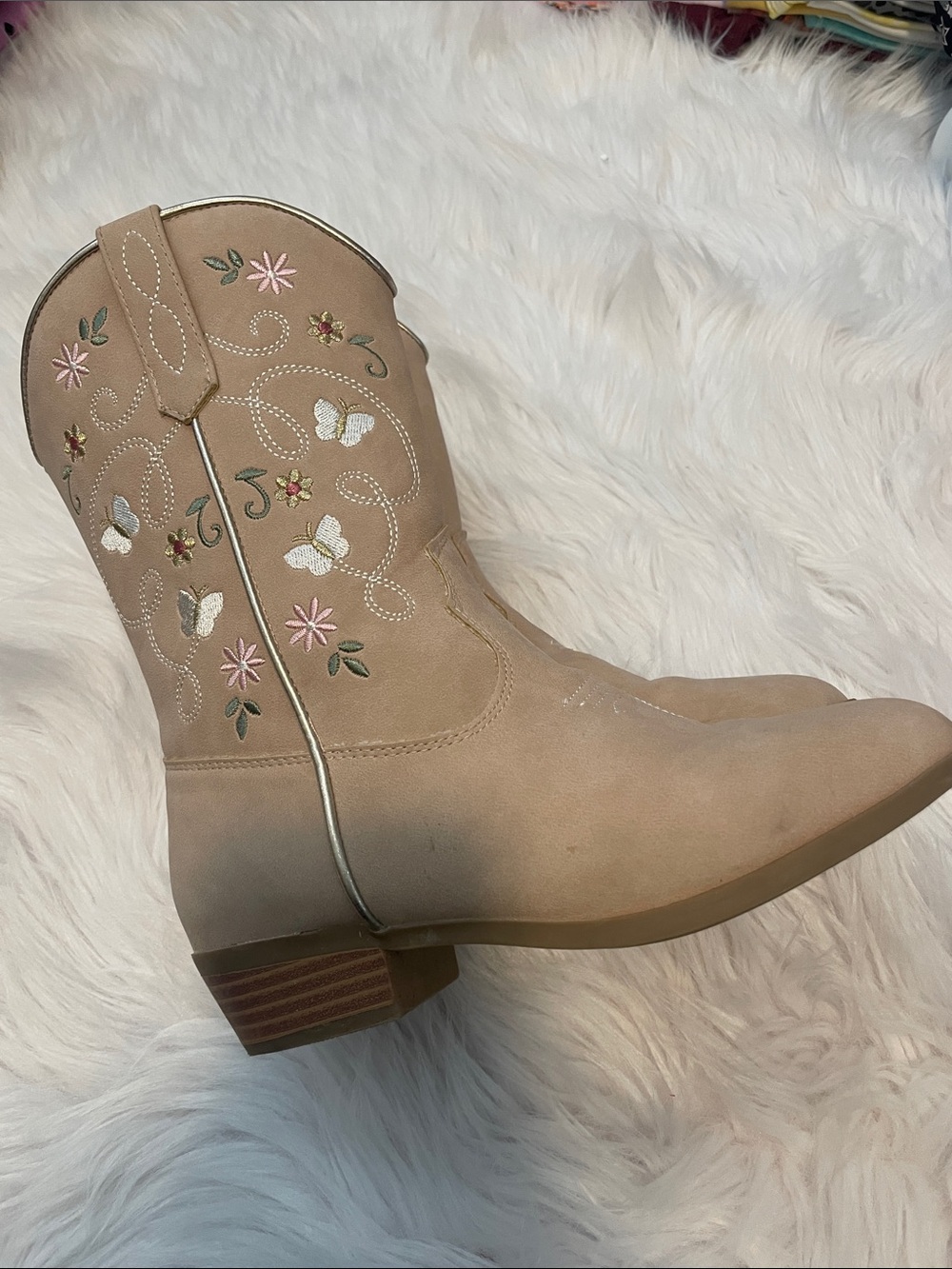 Sugar Girls Tan Embroidered Western Boots with Pink & Green Accents